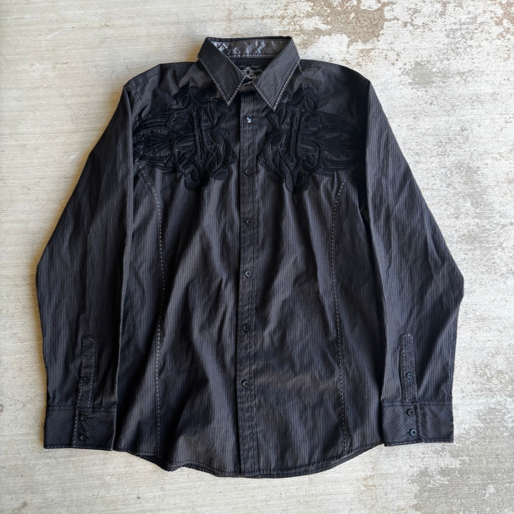 Y2K Roar Shirt Mens XL Black Button Down Cross Grunge Embroidered Long Sleeve